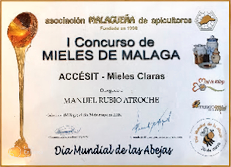 Acreditación del primer premio otorgado en el primer concurso de mieles de Málaga