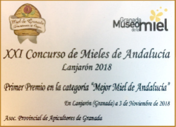 Acreditación del primer premio otorgado en el vigésimo primer concurso de mieles de Andalucía